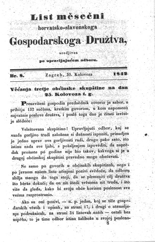List mesečni Horvatsko-slavonskoga gospodarskoga družtva : 1,8(1842) / uredjivan po upravljajućem odboru.