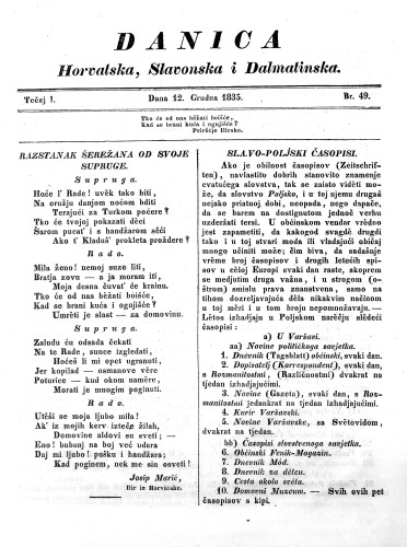 Danica horvatska, slavonska i dalmatinska : 1,49(1835) / redaktor Ljudevit Gaj.