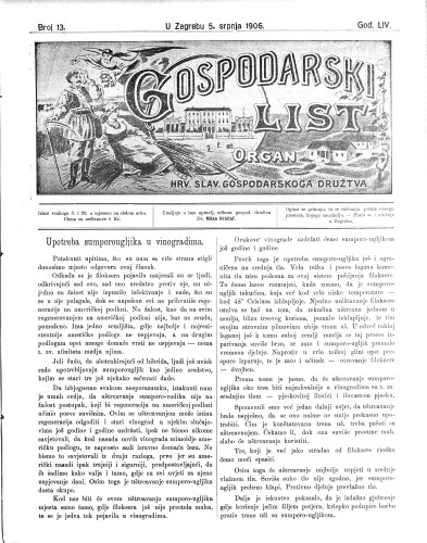 Gospodarski list : organ hrv.-slav. gospodarskoga družtva : 54,13(1906) / uredjuje u ime upravlj. odbora gospod. družtva Milan Krištof.