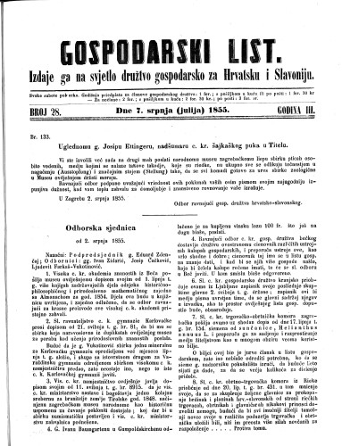 Gospodarski list : 3,28(1855) / odgovorni urednik Lj. Vukotinović.