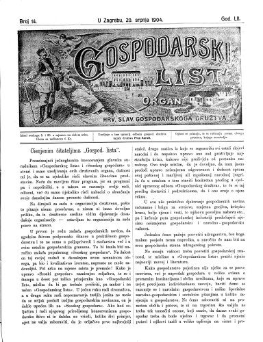 Gospodarski list : organ hrv. slav. gospodarskoga družtva : 52,14(1904) / uredjuje u ime upravlj. odbora gospod. družtva tajnik družtva Fran Kuralt.