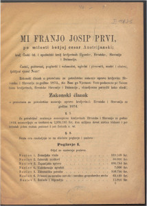 Zakonski članak o proračunu za potrebštine nutarnje uprave Kraljevine Hrvatske i Slavonije za godinu 1874. / Franjo Jospi Prvi.