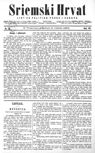 Sriemski Hrvat : list za politiku, pouku i zabavu : 7,10(1884) / odgovorni urednik Fran Večerina.
