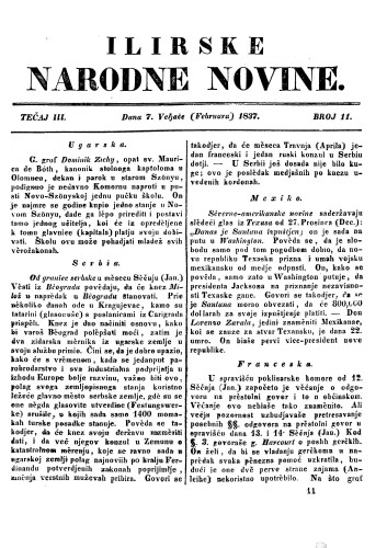 Ilirske narodne novine : 3,11(1837) / učrednik Ljudevit Gaj.