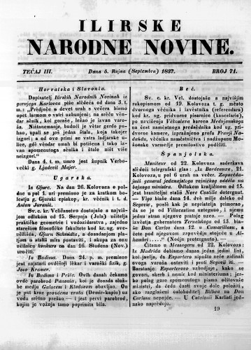 Ilirske narodne novine : 3,71(1837) / učrednik Ljudevit Gaj.