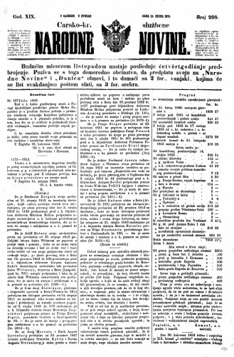 Carsko-kr. službene narodne novine : 19,208(1853) / učrednik Dr. Ljudevit Gaj.