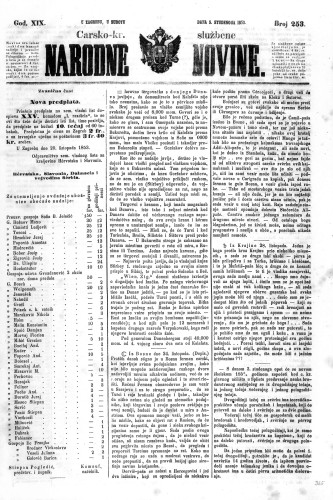 Carsko-kr. službene narodne novine : 19,253(1853) / učrednik Dr. Ljudevit Gaj.