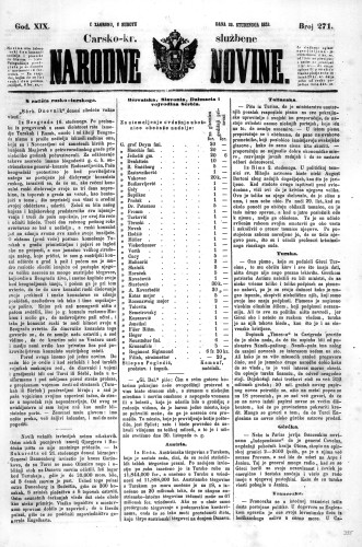 Carsko-kr. službene narodne novine : 19,271(1853) / učrednik Dr. Ljudevit Gaj.