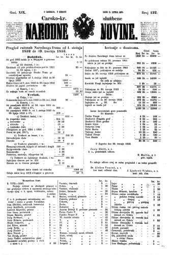 Carsko-kr. službene narodne novine : 19,132(1853) / učrednik Dr. Ljudevit Gaj.