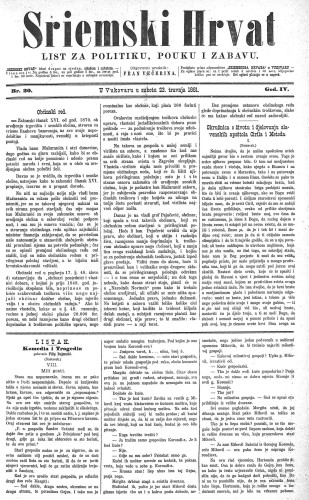 Sriemski Hrvat : list za politiku, pouku i zabavu : 4,20(1881) / odgovorni urednik Fran Večerina.