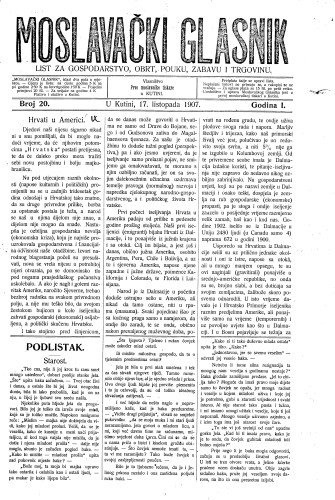 Moslavački glasnik : list za gospodarstvo, obrt, pouku, zabavu i trgovinu : 1,20(1907) / urednik Stjepan Geroč.