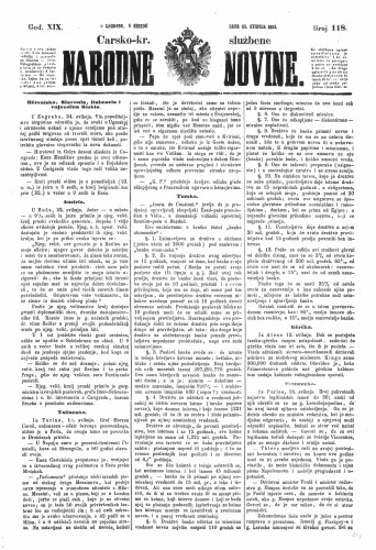 Carsko-kr. službene narodne novine : 19,118(1853) / učrednik Dr. Ljudevit Gaj.