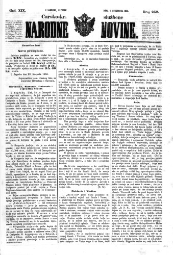 Carsko-kr. službene narodne novine : 19,252(1853) / učrednik Dr. Ljudevit Gaj.