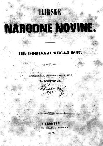 Ilirske narodne novine : 3,1(1837) / učrednik Ljudevit Gaj.
