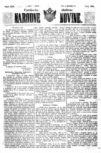 Carsko-kr. službene narodne novine : 19,185(1853) / učrednik Dr. Ljudevit Gaj.