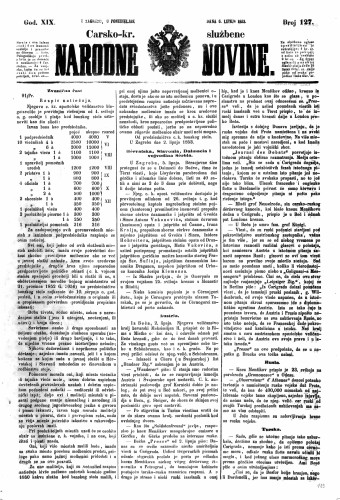Carsko-kr. službene narodne novine : 19,127(1853) / učrednik Dr. Ljudevit Gaj.