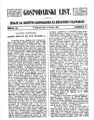 Gospodarski list : 5,18(1857) / odgovorni urednik Lj. Vukotinović.