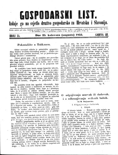 Gospodarski list : 3,35(1855) / odgovorni urednik Lj. Vukotinović.