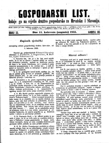 Gospodarski list : 3,33(1855) / odgovorni urednik Lj. Vukotinović.