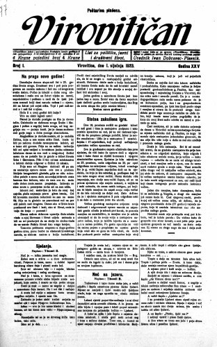 Virovitičan : list za politiku, javni i društveni život : 25,1(1923) / odgovorni urednik Ivan Dobravec-Plevnik.