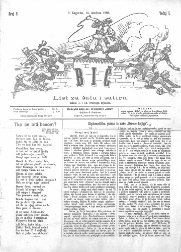 Bič : list za šalu i satiru : 1,2(1883) / [odgovorni urednik Gavro Grünhut].