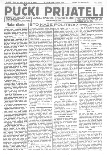 Pučki prijatelj : glasilo Narodne stranke u Istri : 25,38(1924) / glavni i odgovorni urednik Vladimir Sironić.