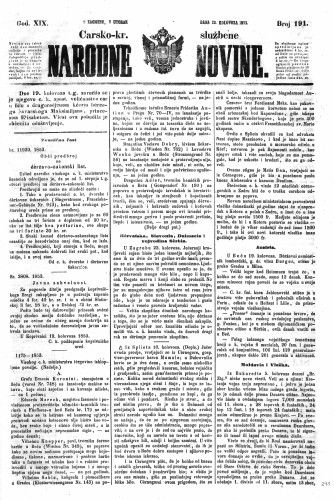 Carsko-kr. službene narodne novine : 19,191(1853) / učrednik Dr. Ljudevit Gaj.