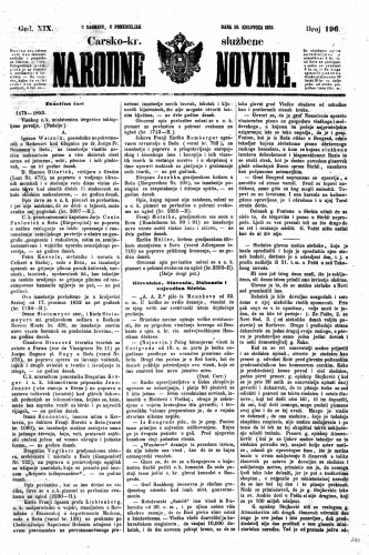 Carsko-kr. službene narodne novine : 19,196(1853) / učrednik Dr. Ljudevit Gaj.