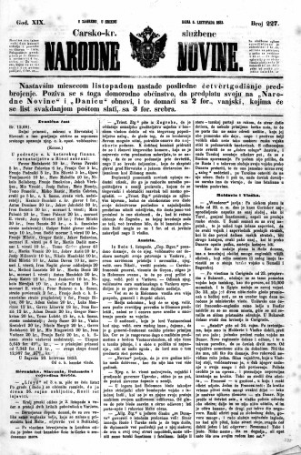 Carsko-kr. službene narodne novine : 19,227(1853) / učrednik Dr. Ljudevit Gaj.