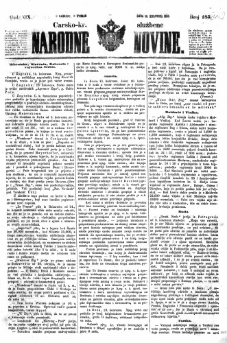 Carsko-kr. službene narodne novine : 19,186(1853) / učrednik Dr. Ljudevit Gaj.
