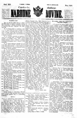 Carsko-kr. službene narodne novine : 19,244(1853) / učrednik Dr. Ljudevit Gaj.
