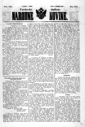 Carsko-kr. službene narodne novine : 19,274(1853) / učrednik Dr. Ljudevit Gaj.