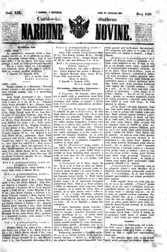 Carsko-kr. službene narodne novine : 19,240(1853) / učrednik Dr. Ljudevit Gaj.