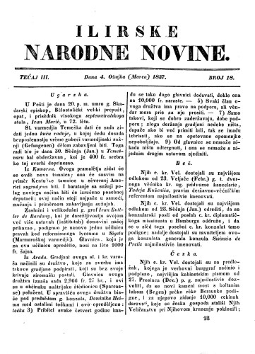 Ilirske narodne novine : 3,18(1837) / učrednik Ljudevit Gaj.