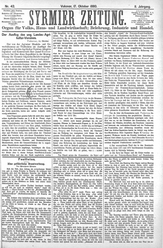 Syrmier Zeitung : Organ für Volks, Haus- und Landwirtschaft, Belehrung, Industrie und Handel : 2,42(1880) / [verantwortl. Redakteur Fr. Kiefer].