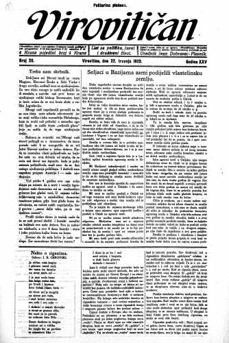 Virovitičan : list za politiku, javni i društveni život : 25,20(1923) / odgovorni urednik Ivan Dobravec-Plevnik.