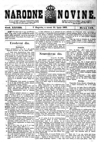 Narodne novine : 28,143(1862) / odgovorni urednik Dimitrije Demeter.