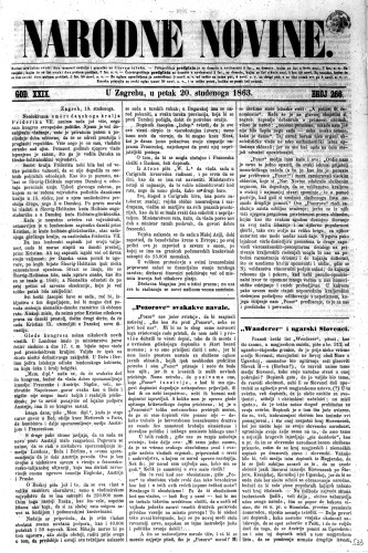 Narodne novine : 29,266(1863) / odgovorni urednik Ljudevit Gaj.