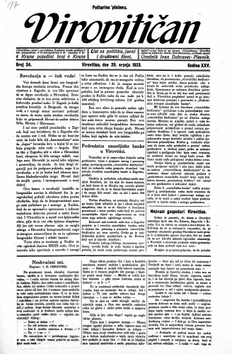 Virovitičan : list za politiku, javni i društveni život : 25,34(1923) / odgovorni urednik Ivan Dobravec-Plevnik.