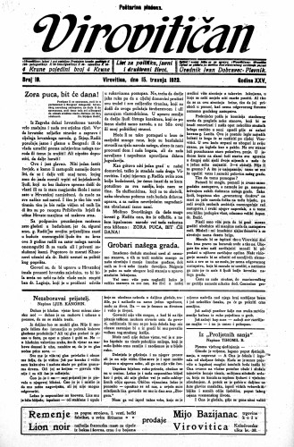 Virovitičan : list za politiku, javni i društveni život : 25,19(1923) / odgovorni urednik Ivan Dobravec-Plevnik.