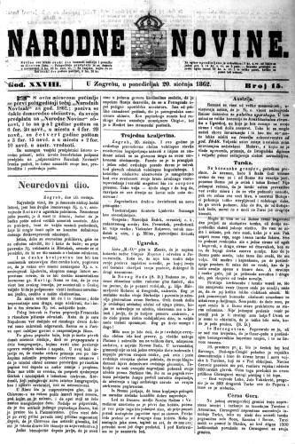 Narodne novine : 28,15(1862) / odgovorni urednik Dimitrije Demeter.