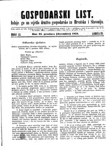 Gospodarski list : 3,53(1855) / odgovorni urednik Lj. Vukotinović.