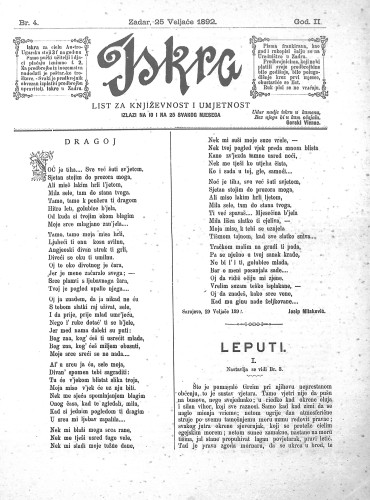 Iskra : list za književnost i umjetnost : 2,4(1892) / odgovorni urednik Nikola Šimić.