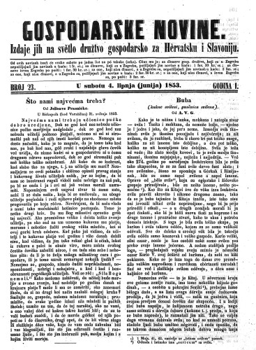 Gospodarske novine : izdaje jih na svetlo družtvo gospodarsko za Hervatsku i Slavoniju : 1,23(1853) / odgovorni urednik Dragutin Rakovec.