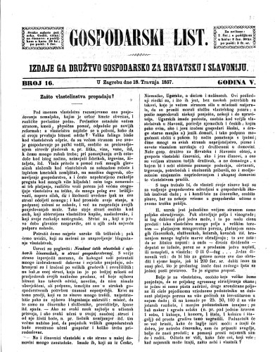 Gospodarski list : 5,16(1857) / odgovorni urednik Lj. Vukotinović.