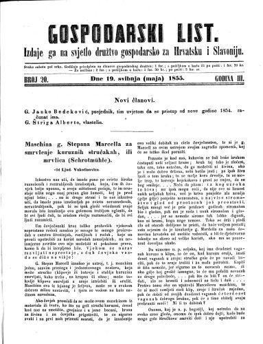 Gospodarski list : 3,20(1855) / odgovorni urednik Lj. Vukotinović.