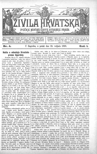 Živila Hrvatska : pučke novine čiste stranke prava : 1,4(1898) / odgovorni urednik Josip Zoček.