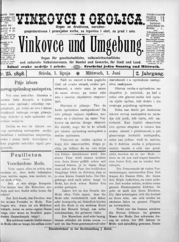 Vinkovce und Umgebung : Organ für gesellschaftliche, volkswirthschaftliche und culturelle Volksinteressen, für Handel und Gewerbe für Stadt und Land : 2,25(1898) / verantwortlicher Redakteur M. Hirschberger.