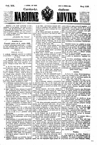 Carsko-kr. službene narodne novine : 19,110(1853) / učrednik Dr. Ljudevit Gaj.