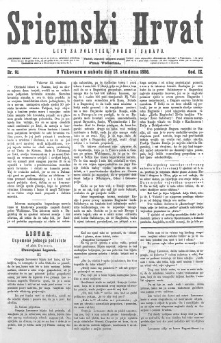 Sriemski Hrvat : list za politiku, pouku i zabavu : 9,91(1886) / odgovorni urednik Fran Večerina.
